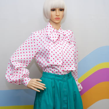 Vintage 1980s Pink Polka Dot Bow Blouse | Large | 10 