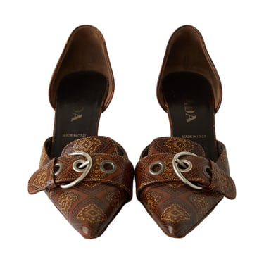 Prada Brown Pattern Buckle Kitten Heels