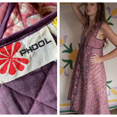 Phool Indian Cotton Waist Coat / 1970s Quilted Sleeveless Quilt Duster Jacket Detail / Seventies Haute Hippie Jacket / Woodstock Jacket 