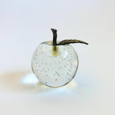 Glass Apple Paperweight with Brass Stem 