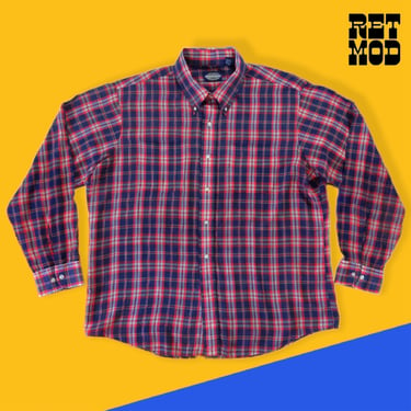 Super Comfy & Broken-In Vintage 80s Blue Red Plaid Cotton Button Down Long Sleeve Men's Shirt 