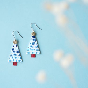 Christmas Tree Earrings - Hand Painted Pattern on Reclaimed Leather- White, Blue + Red Statement Earrings 