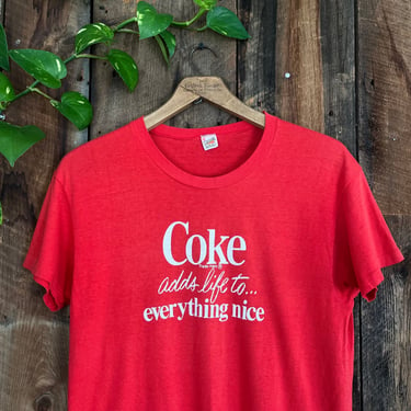 Vintage 70s Coca Cola adds life to everything nice t shirt soft thin worn Hanes Orange Triangle Tag size L 