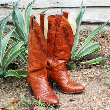 1970s Brown Lizard Cowgirl Boots by Justin- High Heel- Western- Size 6C 