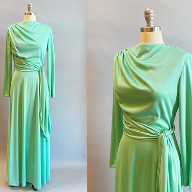 1970s Draped Gown / Mint Green Maxi Dress / Studio 54 Dress / 1970s Evening Dress / Size Medium 