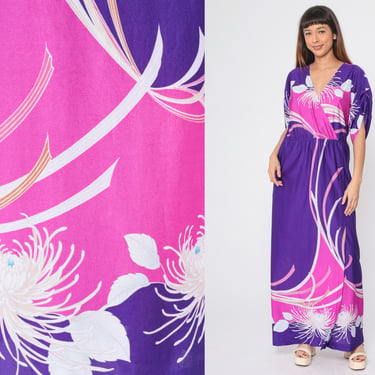 Long Floral Dress 70s Maxi Dress Purple Pink White Tropical Flower Leaf Print Boho Gown Faux Wrap Short Ruched Sleeve Vintage 1970s Medium M 
