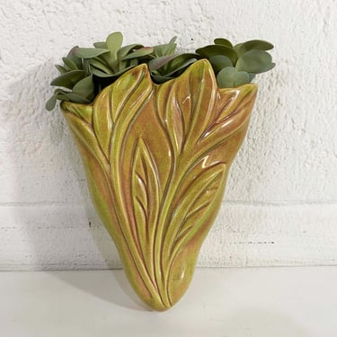 Vintage Wall Pocket Art Deco Mid-Century Vase #443 West Coast Pottery Green Tan Brown Rustic Country Leaves 1940s 1950s 