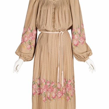 Ted Lapidus 1978 F/W Floral Beige Silk Pleated Vintage Balloon Sleeve Dress Sz M 