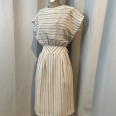 80s vintage New Wave Dress White Grey Mixed stripe Cutout M 