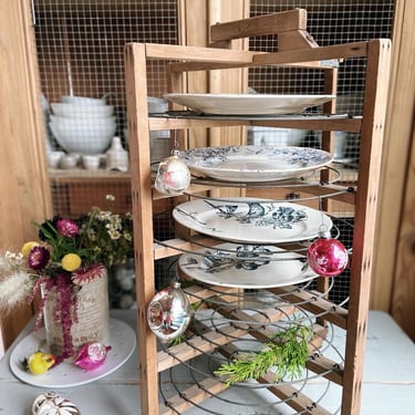Beautiful vintage French rare find pie rack with metal rack and wood structure 