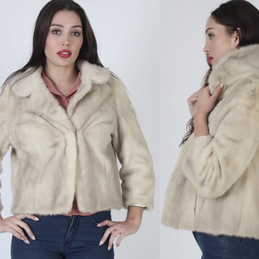 60's Real Platinum Blonde Mink Coat, Platinum Tourmaline Fur Under Collar Jacket, Vintage Winter Swing Overcoat With Pockets 