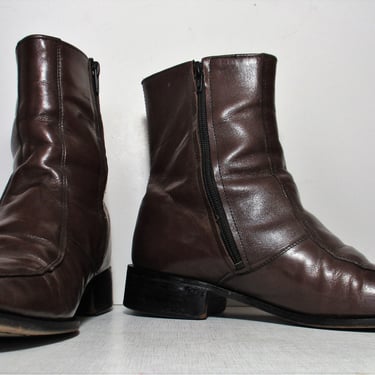 Vintage 1980s Nunn Bush Brown Leather Ankle Boots, 8 1/2D Men, Side Zip, The Beatles, Rock n Roll 