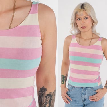 Striped Tank Top 80s Sleeveless T-Shirt Pink Blue Stripes Print Retro Casual Blouse Summer Shirt Cotton Vintage 1980s Extra Small xs 