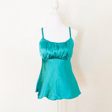 90s/Y2k Liquid Satin Turquoise Braided Strap Empire Waist Romantic Sleeveless Top | Medium 