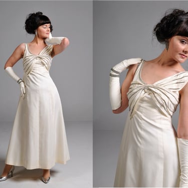 Vintage 50s Dress // 1950s Ivory Silk Taffeta and Rhinestone Gown // Small 
