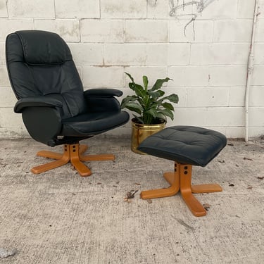 Deep Green Faux Leather Ekornes Style Lounge Chair & Ottoman