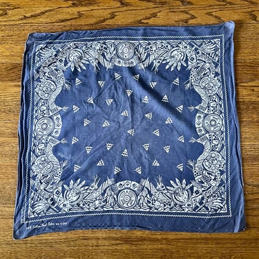 Vintage Indigo Blue Fast Color Faux Native American Indian Print Bandana 