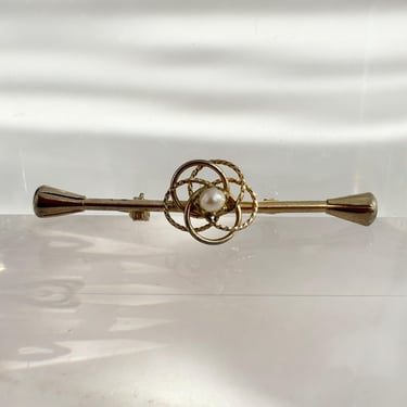 Gold Toned Bar Shaped Faux Pearl Adorned Vintage Avante Garde Brooch Pin 