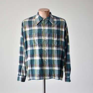 MacPhergus Plaid Combed Cotton Shirt / Vintage 50s 60s Menswear Shirt / Vintage Loop Collar Shirt / Green Plaid Button Down / Mac Phergus 