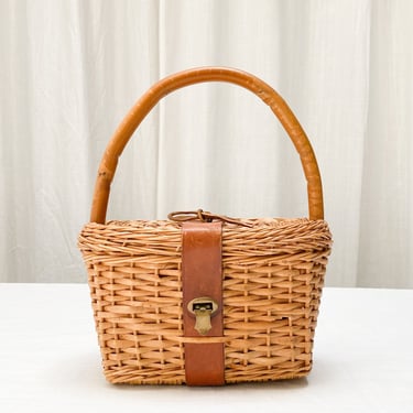 1960s Wicker Basket Purse with Leather Straps 