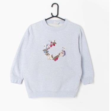 Vintage bird sweatshirt blue grey with cute blue tits spring berry design - XS / Small 