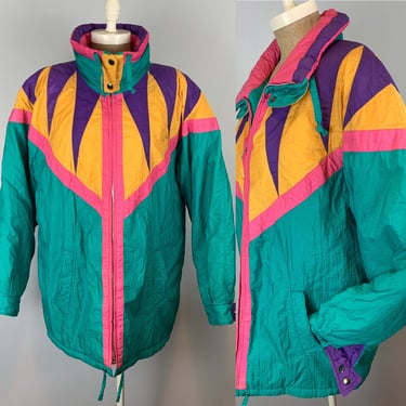 Color Block Puffer Jacket | Vintage 80s New York Girl | Size Medium | Teal Yellow Pink Purple Jacket | 