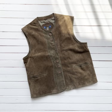 brown leather vest 90s vintage Alm See trachten traditional suede vest 