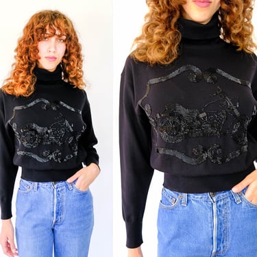 Vintage 90s Escada Black Turtleneck Wool Sweater w/ Beaded Sequined Motorcycle | Made in Germany | 100% Wool | 1990s Escada Designer Shirt 