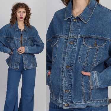 80s Out Of Sight Out Of Mind Jean Jacket - Men's XL | Vintage Unisex Medium Wash Denim Trucker Jacket 