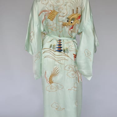 vintage 1960s mint green silk kimono robe w/ embroidered dragon XS-L 