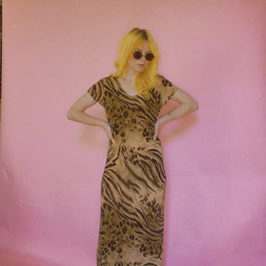 90s Poly Stretch Tiger Print Maxi Dress 