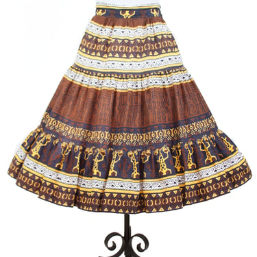 1950s Circle Skirt // South American Ethnic Novelty Print Tiered Full Skirt 