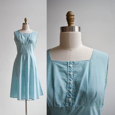 1950s Blue Gingham Cotton Dress 