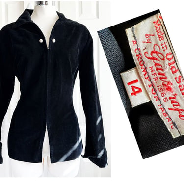 1940's Black Velvet Western Jacket Shirt, Vintage, OLD SANTA FE, 1950's Rockabilly Swing, Long Sleeves, Womens Medium, 1930's, Ganscraft 