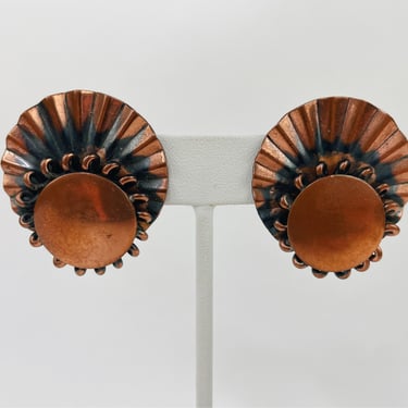 1970s-1980s Copper Clip On Circular Fan Shape Earrings 1.25" | Vintage, Handmade, Unique, Modern, Tarnished, Penny, Retro, Pressed 