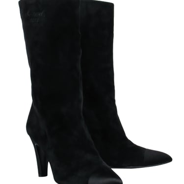Chanel - Cap Toe Mid-Calf Black Suede Boots w/ Embroidery Sz 8