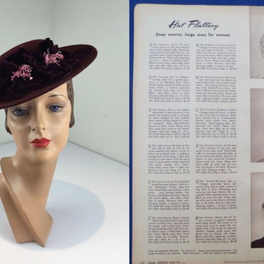 Her Daily Fashion - Vintage 1940s Burgundy Wine Wool Felt Slant Hat w/Aubergine Velvet Bows 