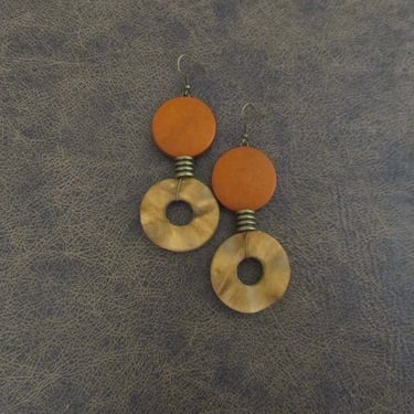 statement earrings bold earrings orange geometric earrings rustic natural earrings Long wooden earrings Afrocentric African earrings