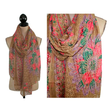 Embroidered Chiffon Long Scarf, Printed Shawl Wrap, Ethnic Sari or Dupatta Brown Floral Coral Teal & Purple, Vintage Accessories for Women 