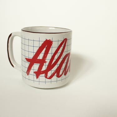 Vintage 1984 Souvenir Mug - Alaska - Red Brushstroke Font - 80's Grid Background - Faux Stoneware Style Mug 