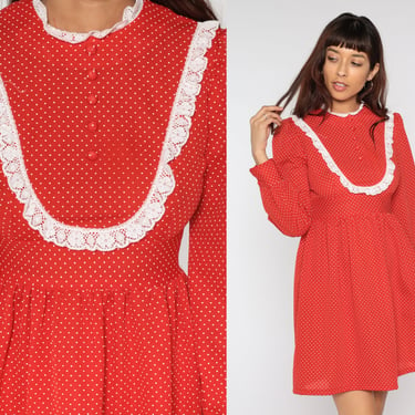 Babydoll Mini Dress 60s 70s Mod Red Polka Dot RUFFLE Bib Dress White Empire Waist Dolly Boho Long Sleeve 1970s Vintage Victorian Small 