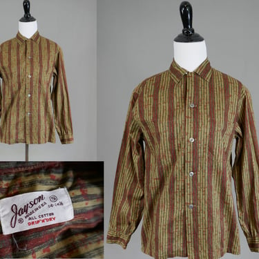 60s Men's Striped Shirt - Burgundy Brown Charcoal - Long Sleeve - Jayson 14/14 1/2 - Vintage 1960s Men's Top - Small 38