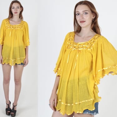 Dandelion Yellow GauzeKimono Top / Mexican Sheer Lace Cover Up / Lightweight Airy Resort Wear Pool Shirt 