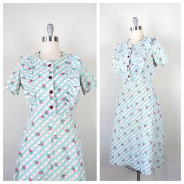 Vintage 1930s 1940s floral dress feed sack cotton side button depression era 