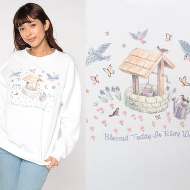 Grandma Sweatshirt 90s Blessed Today in Every Way Sweater Bird Wishing Well Graphic Shirt Cute Kawaii White Vintage 1990s Extra Large xl 