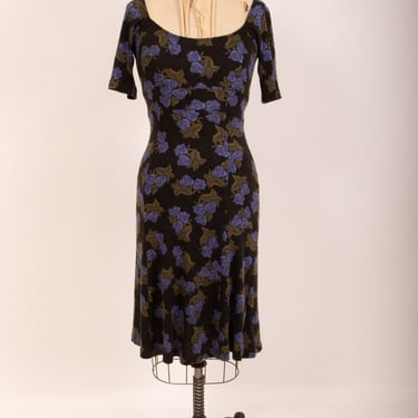 Vintage Y2K blue rose dark floral fit and flare dress 