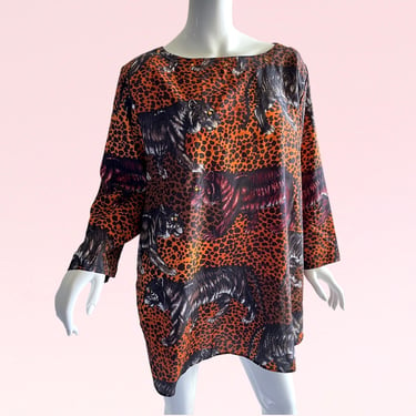 Roaring Style: 1980s Lady Shapely Novelty Print Tiger Rhinestone Studded Tunic - A Bold and Glamorous Fashion Statement 