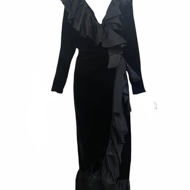 YSL 1980's Black Velvet Wrap Gown with Taffeta Ruffled Trim -OLDBS