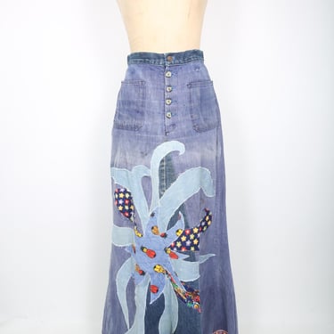 70s Skirt Vintage Long Denim Patchwork Skirt Denim Skirt Hippie Hippy Woodstock Streetwear Retro Boho Bohemian Artisan Upcycled Handmade 