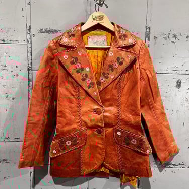 1960's Char Leather Jacket  hand painted floral designs 
